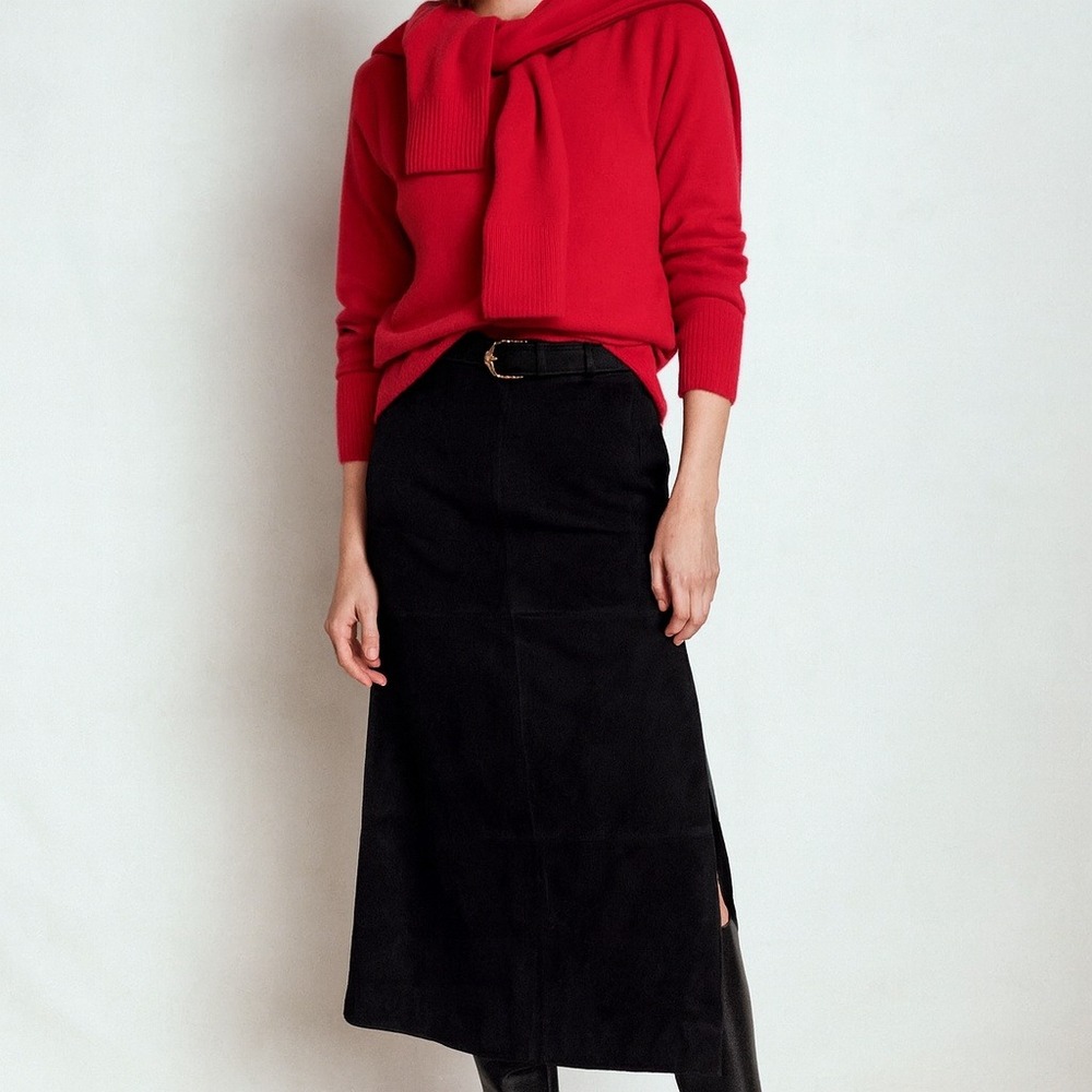 Fox Run Classic Black Suede Leather Paneled Midi Skirt Slit Size 12‎